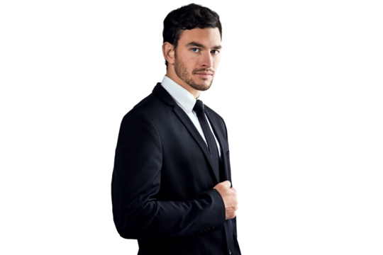 Fashion suit, portrait and professional man confident in formal tuxedo, menswear style or evening wear clothes for dress code. Classy, fancy outfit or salesman isolated on transparent, png background - Powered by Adobe