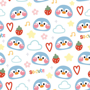 Seamless pattern of cute penguin face with tiny icon on white background.Bird animal character cartoon design.Heart,strawberry,star,flower,cloud hand drawn.Kawaii.Vector.Illustration.