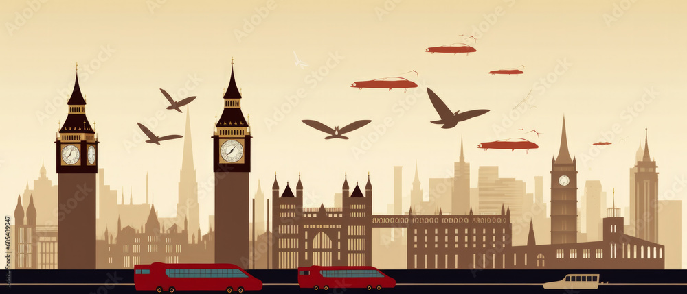 Wall mural United Kingdom Landmarks Skyline Silhouette Style, Colorful, Cityscape, Travel and Tourist Attraction