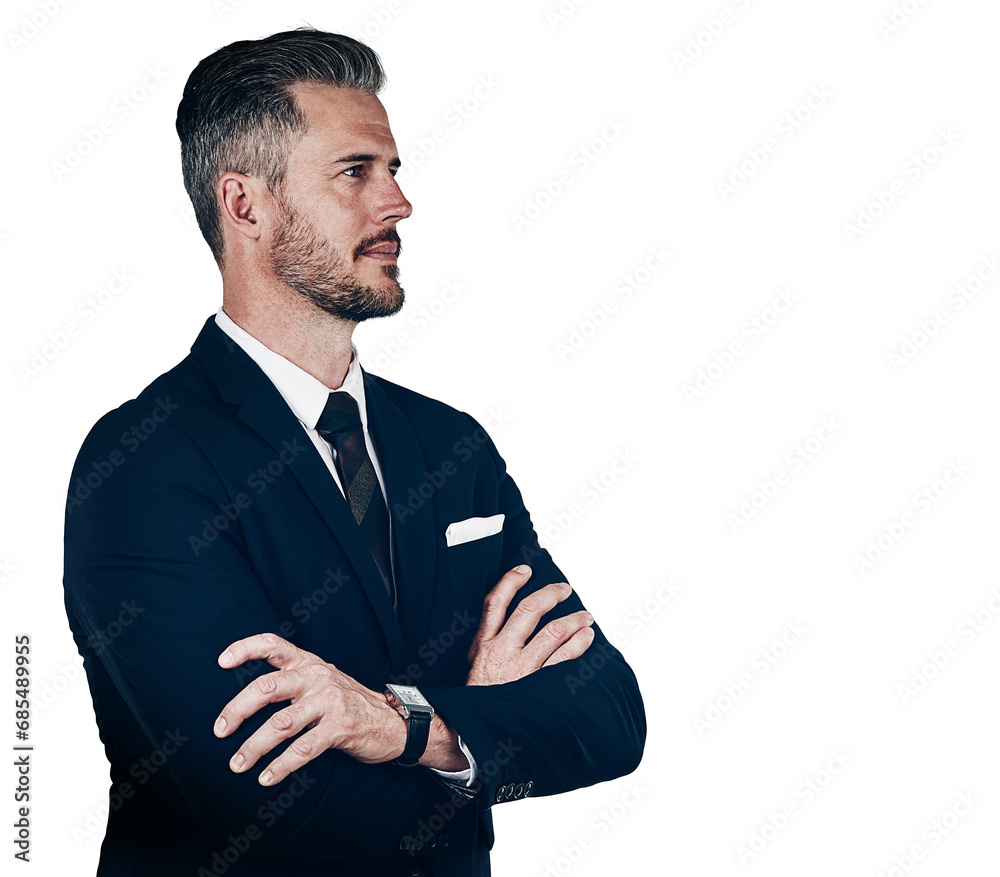 Wall mural businessman, profile and arms crossed in confidence by thinking for financial growth, future or inve