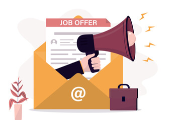 Job offer document in huge yellow envelope. Hr agent or boss hand uses megaphone and attract new employees. Interview, recruitment, work contract, agreement,