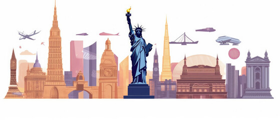 United States Landmarks Skyline Silhouette Style, Colorful, Cityscape, Travel and Tourist Attraction