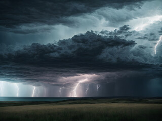 A scene of thunderclouds with lightning strikes