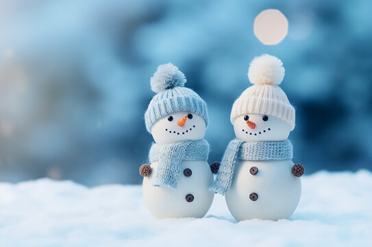 Knitted snowmen in hats and scarves on a sunny winter day, snowmen in love