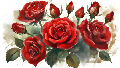 Red rose on white background. Watercolor