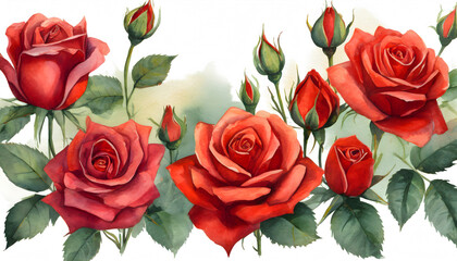 Red rose on white background. Watercolor