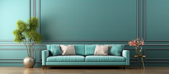 Teal blue wall with molding and bedroom behind glass wall with big baseboard in an elegant living room.
