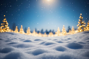 Snowdrift and defocused Christmas lights. Festive Christmas natural snowy landscape. Snow background with Copy space.