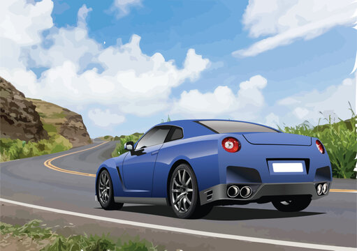 Blue car coupe on the road. 3d vector color illustration