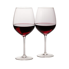 Two wine transparent glass on white background. Equally filled.
