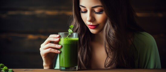 Woman consuming green detox juice in good health. - obrazy, fototapety, plakaty