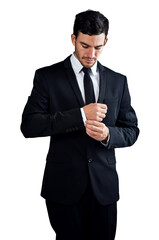 Businessman, worker and serious to fixing shirt, consultant and professional isolated on transparent png background. Young, proud for career, financial clerk and man for startup, alone and corporate