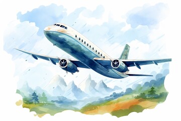 Passenger airplane flying in the sky with mountains and countryside vista background, watercolor digital illustration of transportation and travel