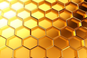 Gold gradient 3D honeycomb shape (hexagon pattern) background, nature-inspired textured abstract geometric digital illustration 