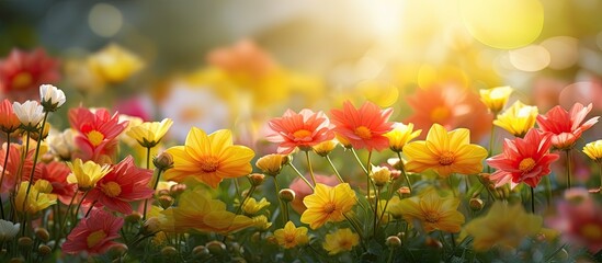 The blooming yellow and red flowers, green nature, and shining sun make a stunning sight.