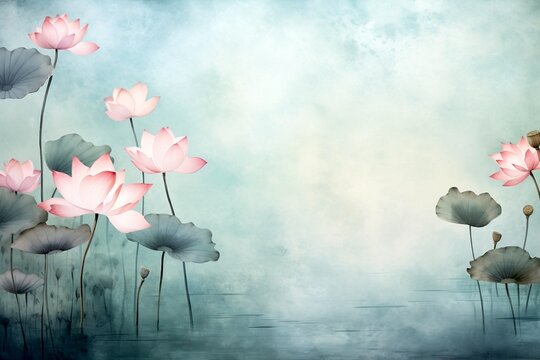Pink lotus flowers and lily pads in water on a misty day, meditation watercolor landscape background digital illustration in classical Asian style