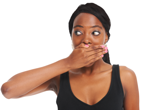 Surprise, wow and black woman with doubt, omg and model isolated on a transparent background. African person, confused and girl covering her mouth, idea and announcement with png, emoji and reaction