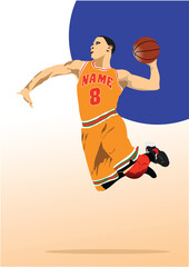 Basketball player poster. Colored Vector 3d illustration for designers. Hand Drawn illuatration