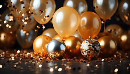 Happy New Year Wallpaper Background With Golden Balloons And Ball. Christmas Decoration. Wedding Banner