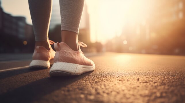 Close-up of women legs and feet in sneakers, engaged in sport, running, walking or hiking. The urban city street sunrise or sunset landscape background, active and healthy lifestyle concept.