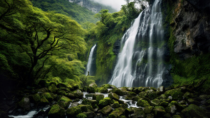 Obraz premium Waterfall in the Jungle. Generative Ai