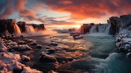 Obraz premium sunset in the mountains, Majestic mountain cliff reflects tranquil sunset, flowing water. Generative AI