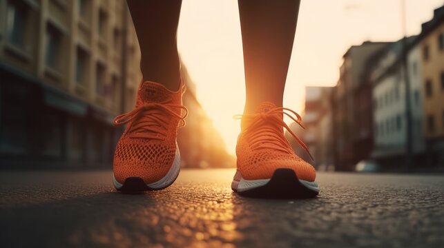 Close-up of women legs and feet in sneakers, engaged in sport, running, walking or hiking. The urban city street sunrise or sunset landscape background, active and healthy lifestyle concept.