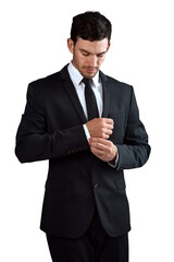 Businessman, worker and serious to fixing shirt, consultant and professional isolated on transparent png background. Young, proud for career, financial clerk and man for startup, alone and corporate