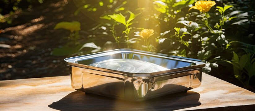 Solar oven focusing sunlight on a pan