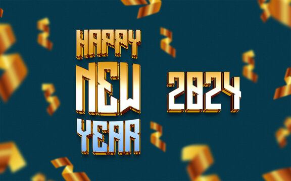 Festive Golden 2024 Happy New Year Greeting with Sparkling Confetti on a Vibrant Blue Background - High Resolution Holiday Wallpaper