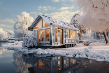 Fototapeta na wymiar Winter Charm of a Snow-Enveloped Modern Glass House Reflecting in a Frozen Pond