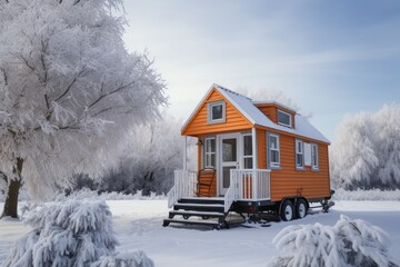 Vibrant Orange Tiny House on Wheels in a Snowy Landscape with Frosted Trees