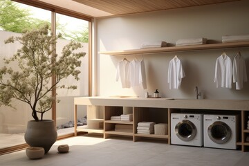 Contemporary Minimalist Laundry Room Design with Natural Light and Indoor Plant