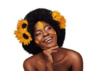 Smile, thinking and black woman with flowers for skincare, cosmetic and natural face routine....
