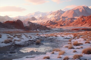 Alpenglow on Rugged Mountains with Frosted Grass and Icy River in Foreground at Sunset - obrazy, fototapety, plakaty