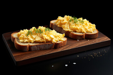 scrambled eggs toasts on wooden board