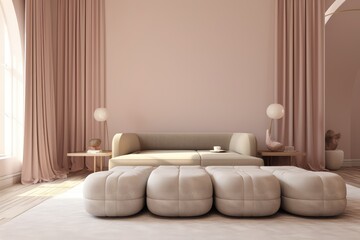 Pastel Pink Chic Minimalist Living Room with Soft Beige Tones, Plush Modular Sofa, Elegant Floor Lamps, and Sheer Curtains Offering a Modern, Tranquil Space for Relaxation