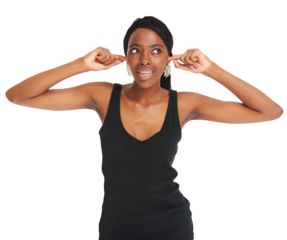 Isolated African woman, ears and fingers to stop sound, noise and thinking by transparent png background. Girl, block hearing or voice with ideas for fashion, trendy clothes and jewelry with memory