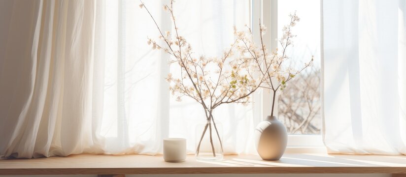 Scandinavian decor featuring wooden table, slim vase, table mirror, white curtains, and sunlight from large window.