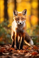 Naklejka na ściany i meble Red fox in the autumn forest. Beautiful wild animal in nature.