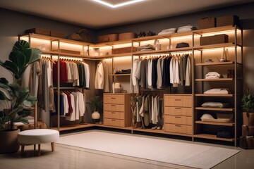 Organized Warmly Lit Boutique Closet: Luxurious Walk-In with Custom Wooden Cabinetry, Integrated Lighting, and A Plush Ottoman - obrazy, fototapety, plakaty