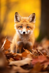 Fototapeta premium Red fox in the autumn forest. Beautiful wild animal in nature.