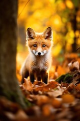 Obraz premium Red fox in the autumn forest. Beautiful wild animal in nature.