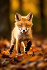 Fototapeta premium Red fox in the autumn forest. Beautiful wild animal in nature.