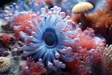 Fototapeta na wymiar Vibrant Sea Anemone with Delicate Tentacles and a Striking Blue Center, Surrounded by Colorful Reef Organisms in an Underwater Wonderland