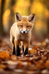 Naklejka na ściany i meble Red fox in the autumn forest. Beautiful wild animal in nature.