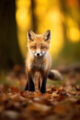 Fototapeta premium Red fox in the autumn forest. Beautiful wild animal in nature.