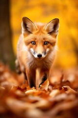 Fototapeta premium Red fox in the autumn forest. Beautiful wild animal in nature.