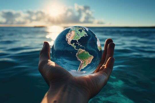 Inspirational Image of a Hand Holding a Transparent Globe with a View of the Americas Above the Ocean, Symbolizing Human Responsibility in Preserving Our Planet's Waters