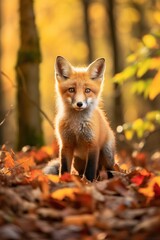 Red fox in the autumn forest. Beautiful wild animal in nature.